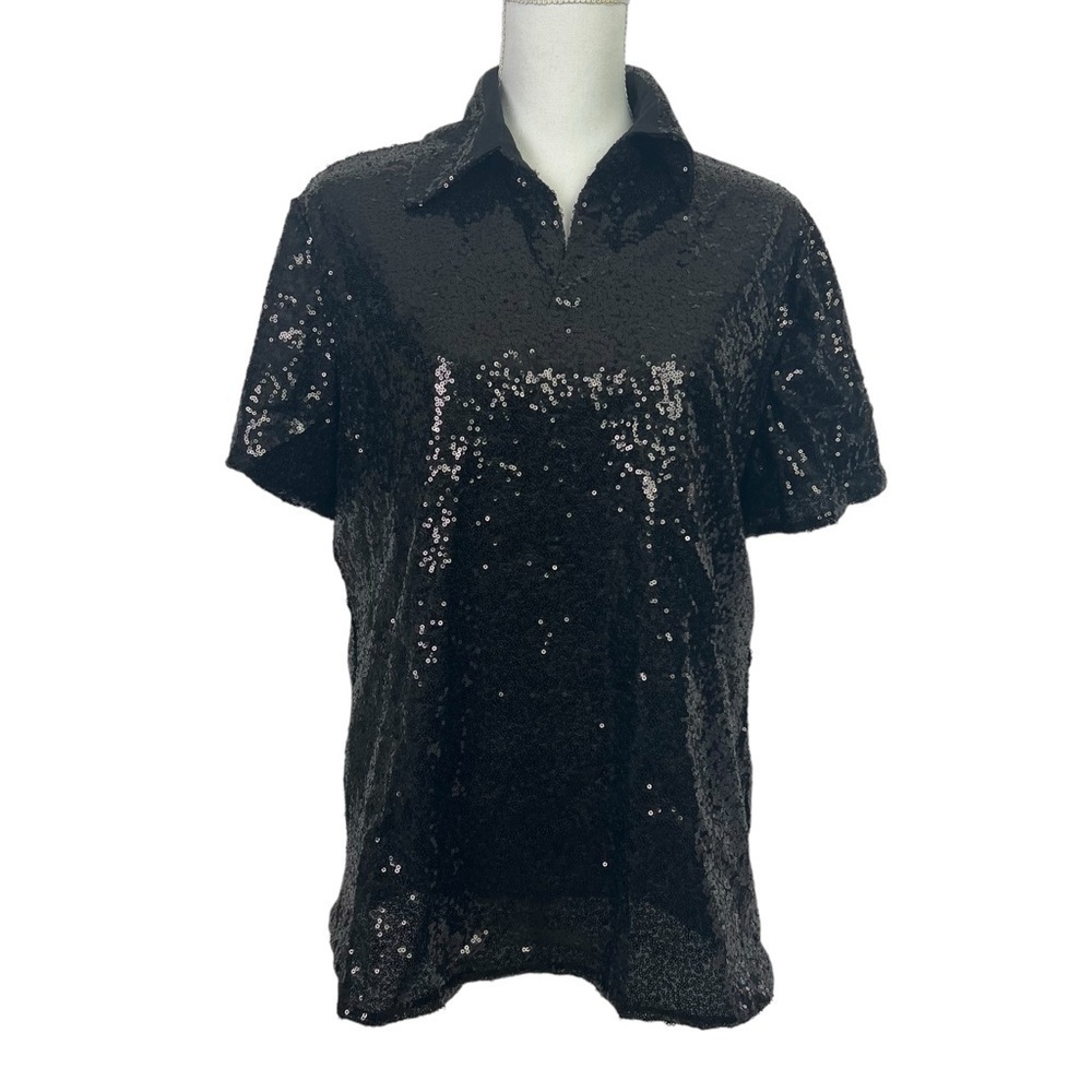 iEFiEL Women’s Party/Cocktail Top Sz XL Sequins Black Pullover V-neck SS Flaw